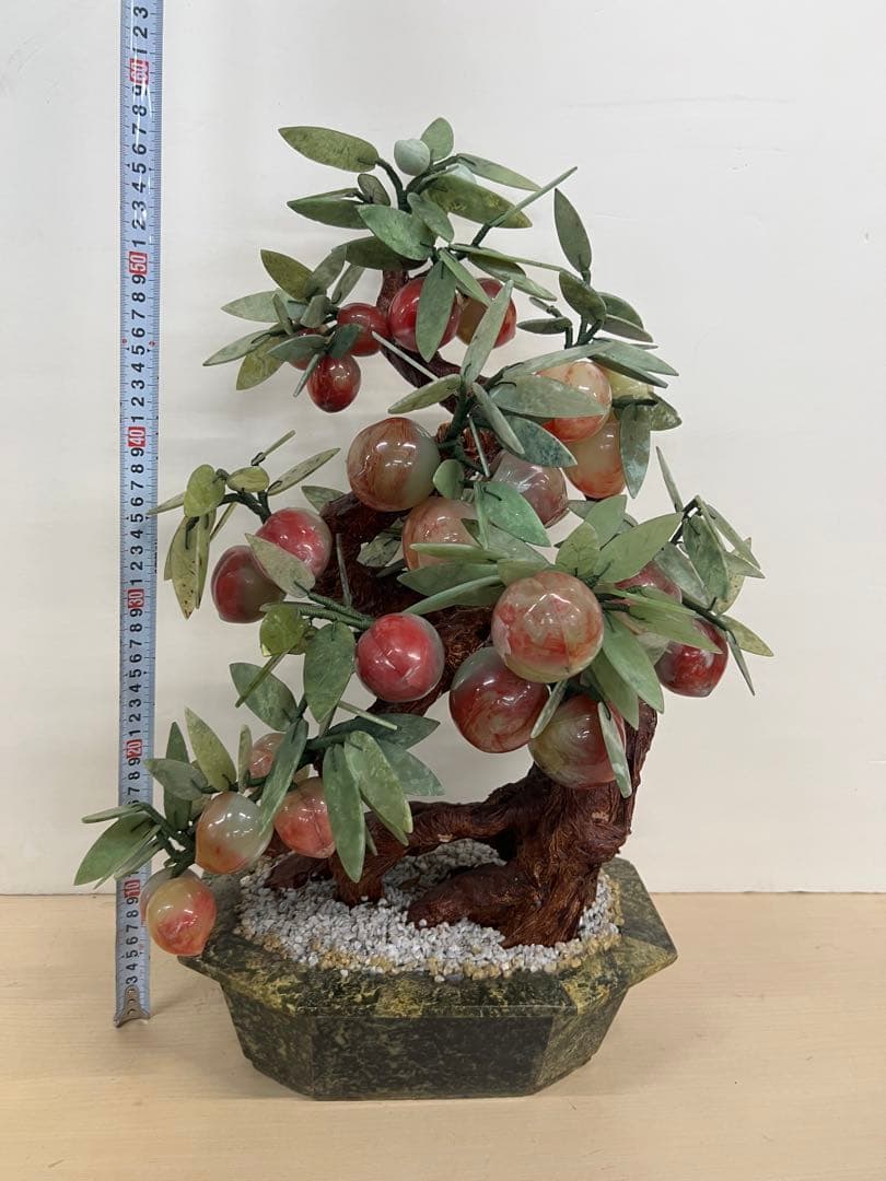 中国美術 桃樹玉石 桃木玉石盆栽 景泰藍 石細工彫刻 置物 縁起物