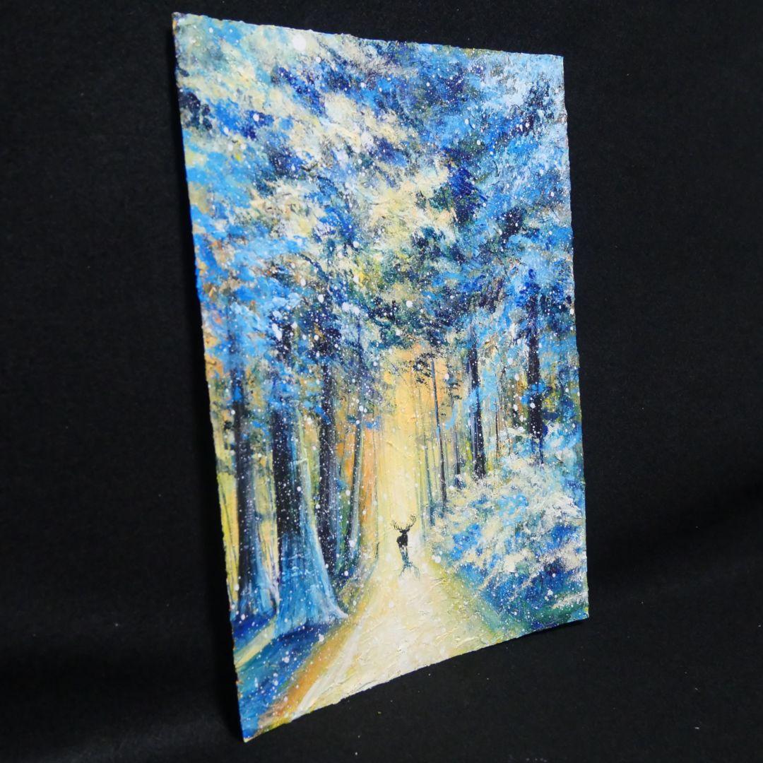 油絵 油彩 油彩画 絵 絵画　【雪景色の中で雪に立つ雄鹿】