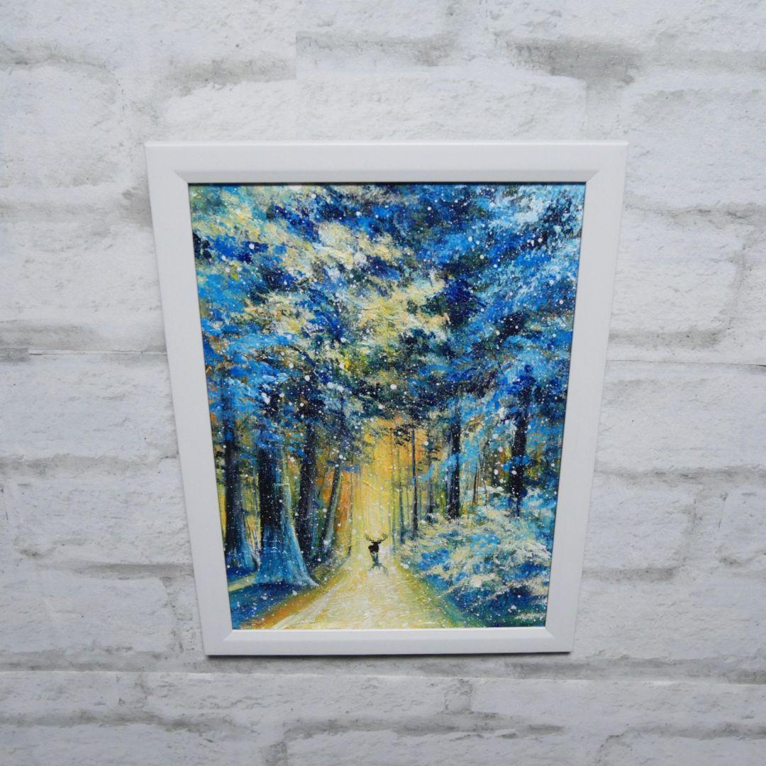 油絵 油彩 油彩画 絵 絵画　【雪景色の中で雪に立つ雄鹿】