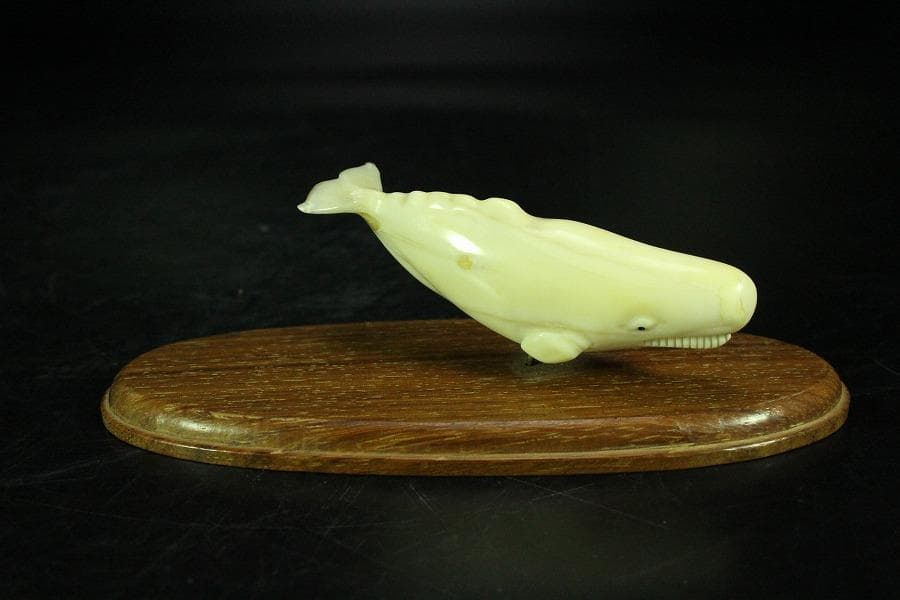抹香鯨 歯 細密 彫刻 鯨 置物 根付 台付(K-A995) 鯨歯 布袋尊 根付 置物
