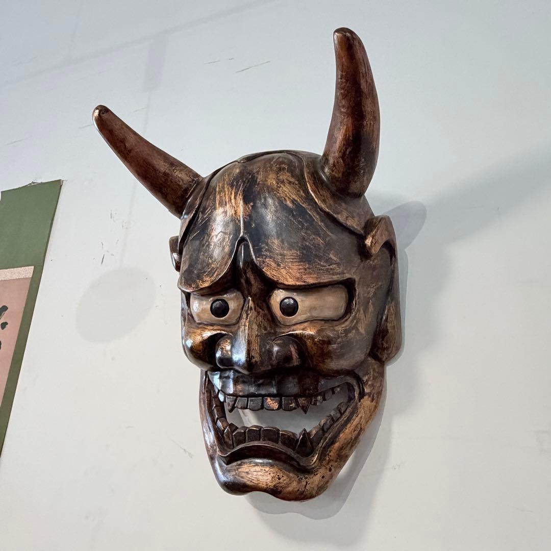 時代年代物 特大 木彫 塗金黒漆 般若 お面 壁飾り 縦約