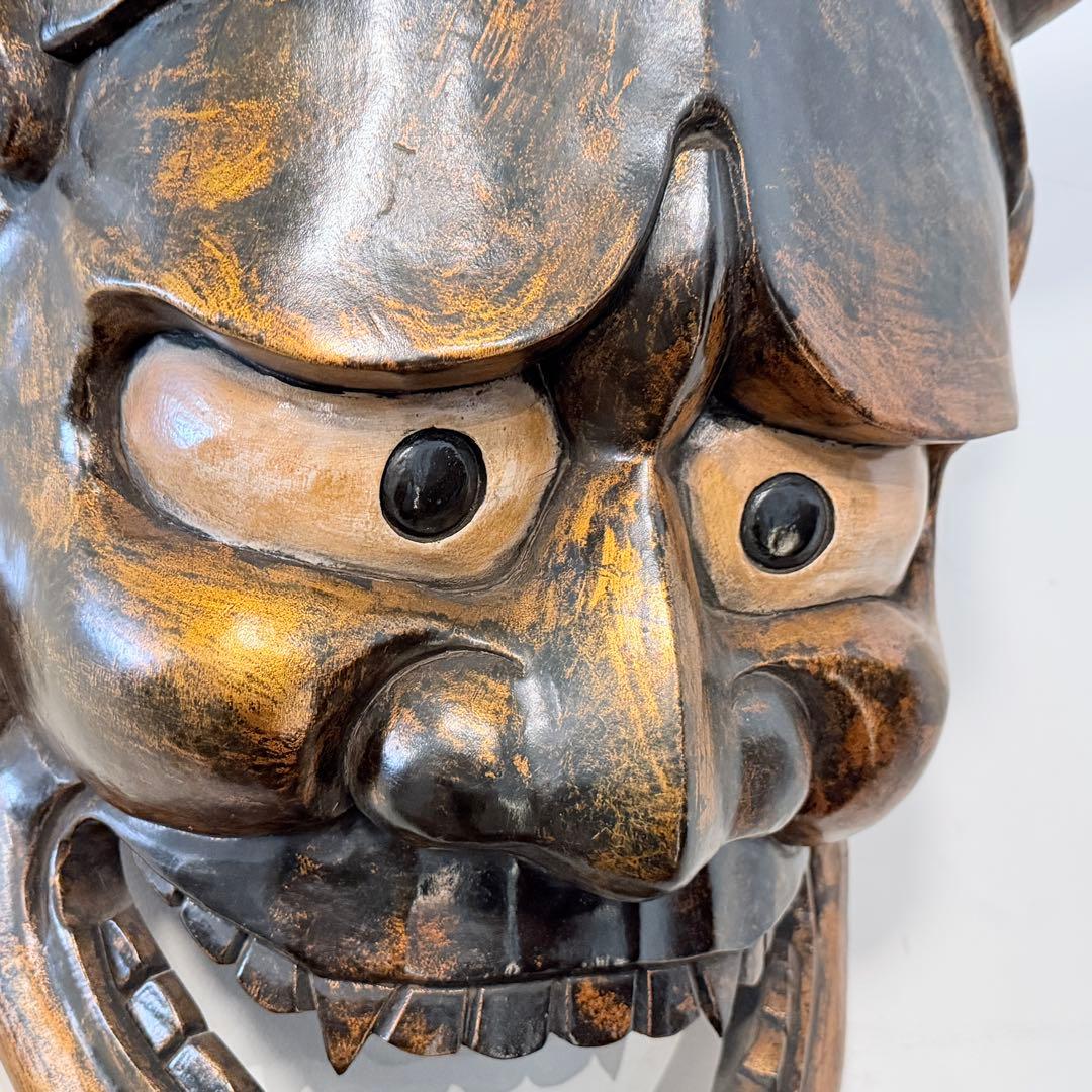 時代年代物 特大 木彫 塗金黒漆 般若 お面 壁飾り 縦約70㎝ 能面 東洋