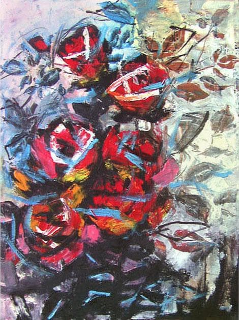 油絵 菅家令子 絵 絵画インテリア額付(青緑＋金色の枠)uF6-050303ばら