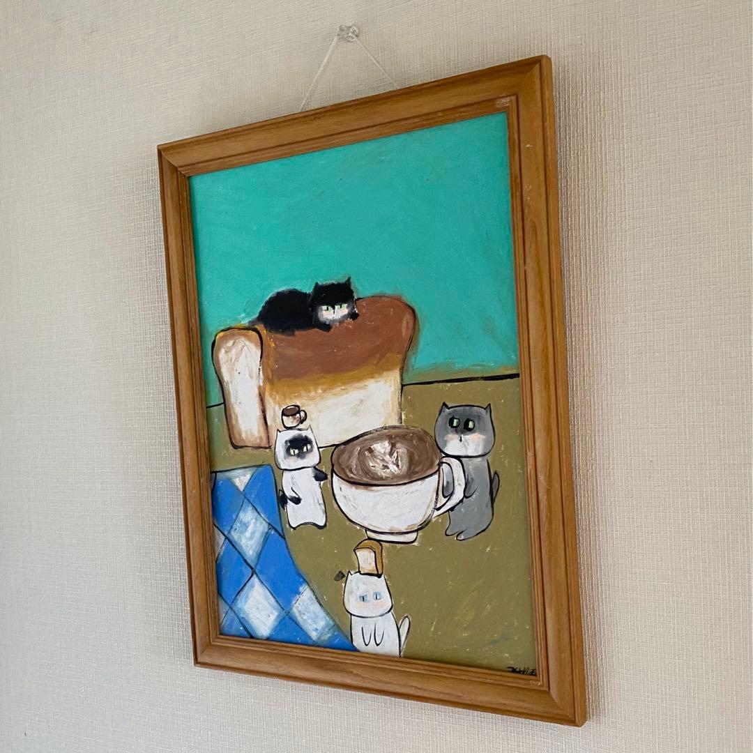絵画。原画手描【週末、猫ちゃんたちのコーヒーとパンのパーティー】