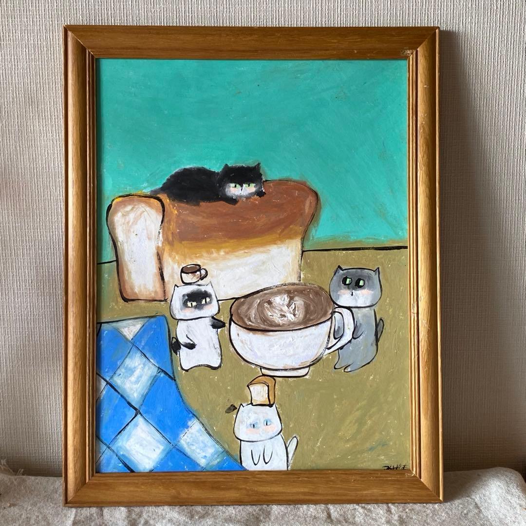 絵画。原画手描【週末、猫ちゃんたちのコーヒーとパンのパーティー】