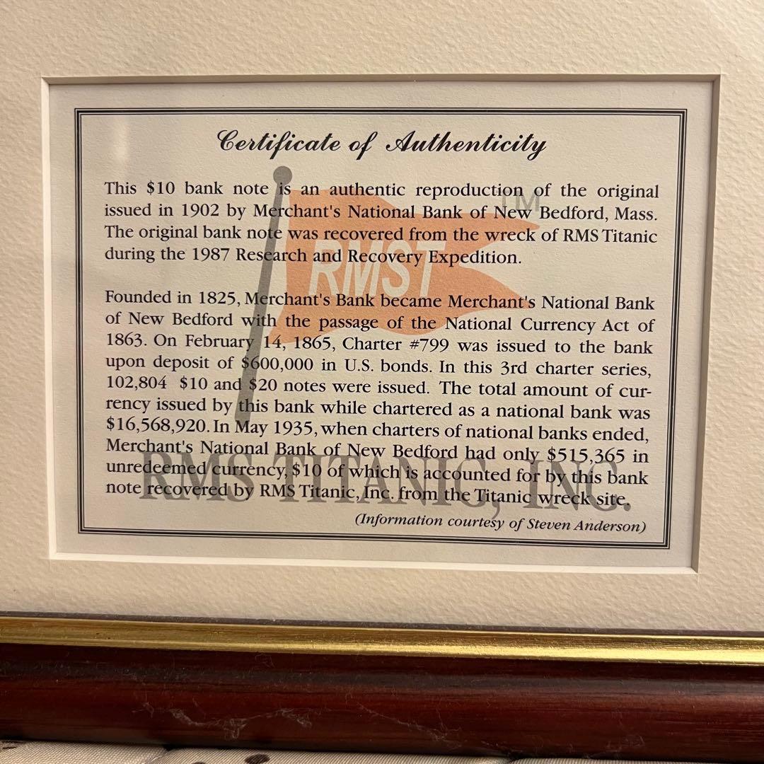 タイタニックMerchant´s National 紙幣 複製 証明書付き額入り