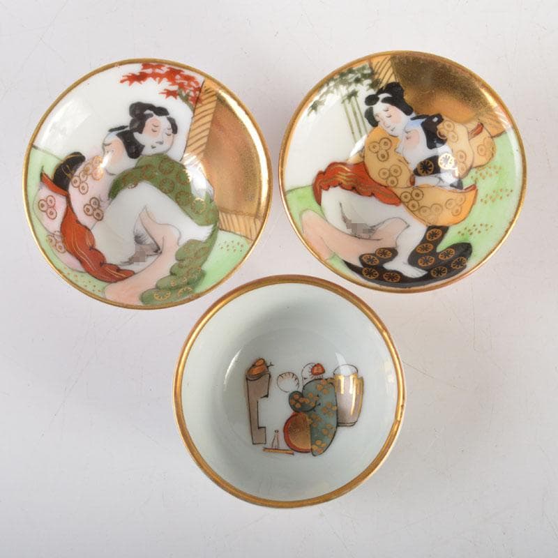 九谷焼 浮世絵 春画 肉筆 艶絵 春画盃三つ盃