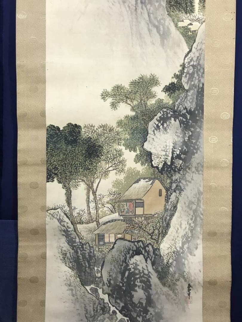 真作/山田敬中/春秋山水図/山水図/山水人物図/双幅/掛軸☆