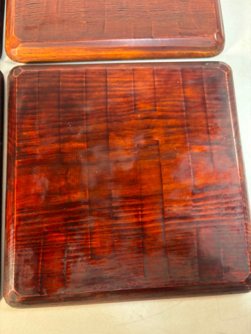 アンティーク　讃岐彫　古い松材のくり貫き角盆(四方盆)5枚セット