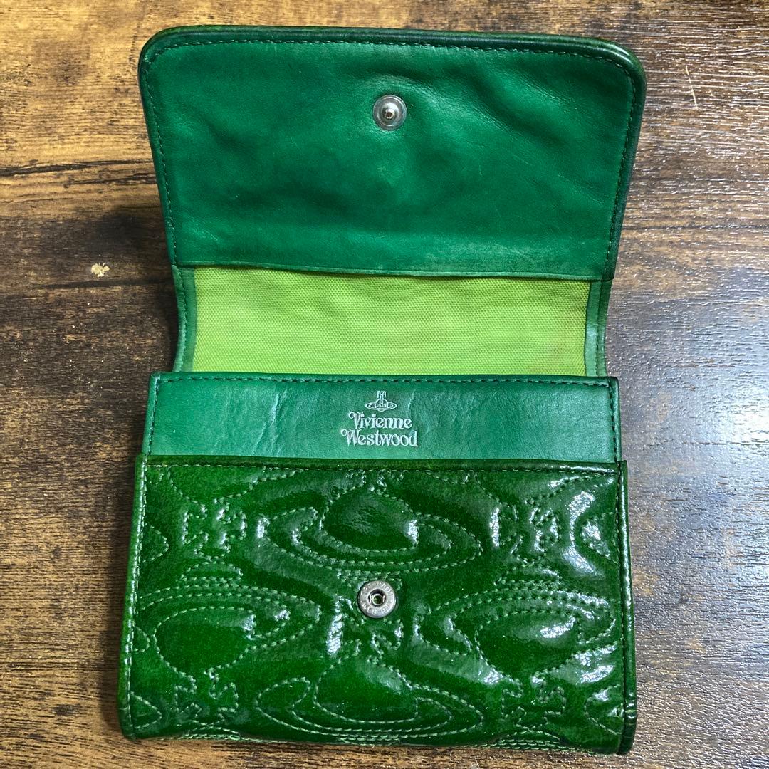 希少Vivienne Westwoodエナメル総柄刺繍折り財布グリーン