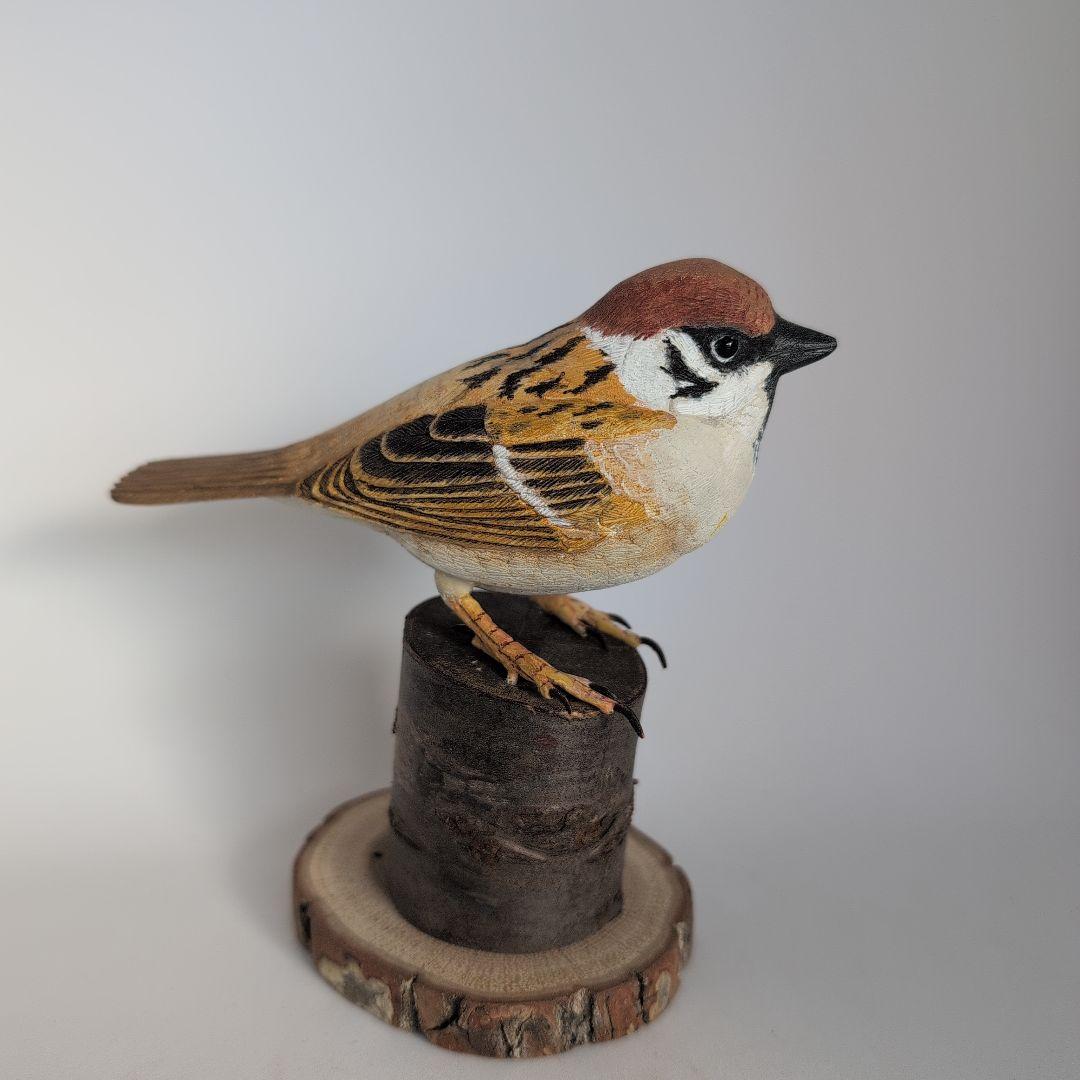 木製スズメの彫刻 約12cm バードカービング 木彫りの野鳥 野鳥彫刻