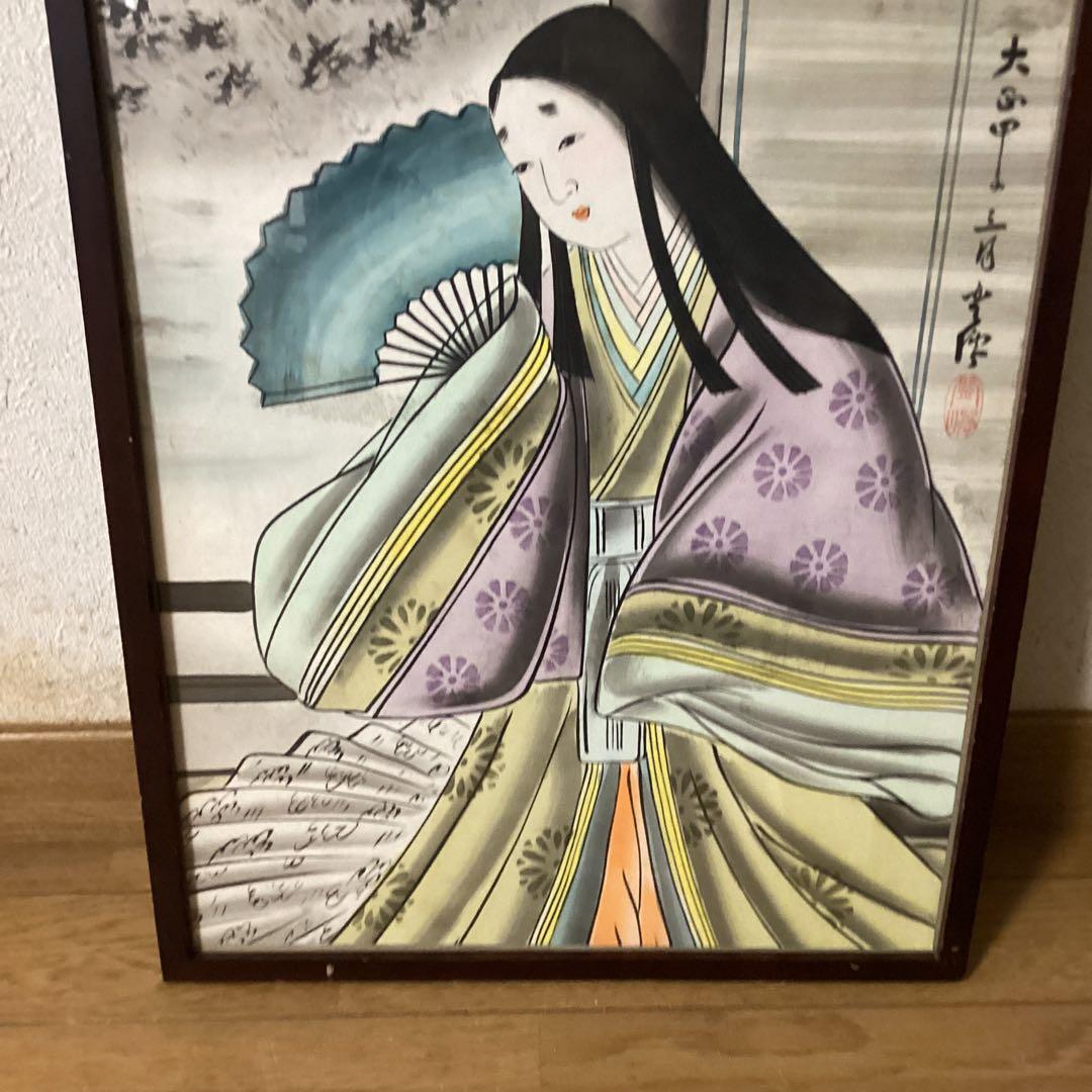 青柳琴僊　日本画【美人図】大正13年3月作品　木枠額装　落款印譜　模写　レア品