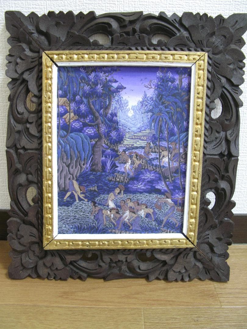 バリ島絵画 風景図 キャンバス 細密 ハンドメイド オリジナル木彫額縁