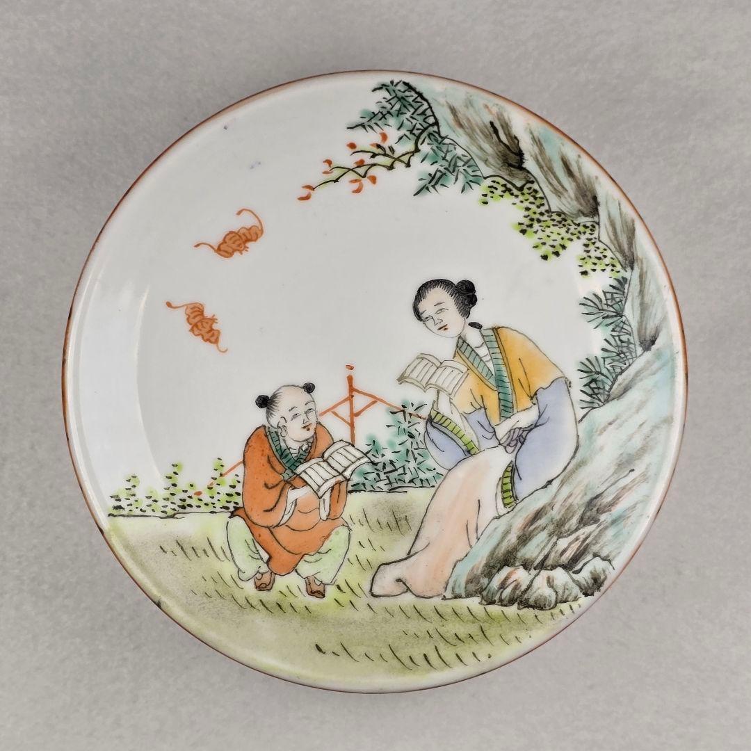 貴重 中国古美術 古磁 粉彩 手絵 描金 慈母教子図 手捧