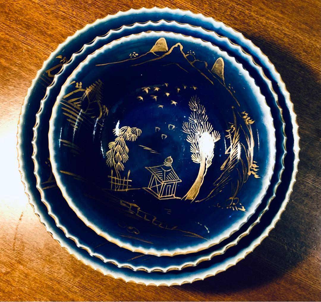 古伊万里　ルリ金彩三連鉢