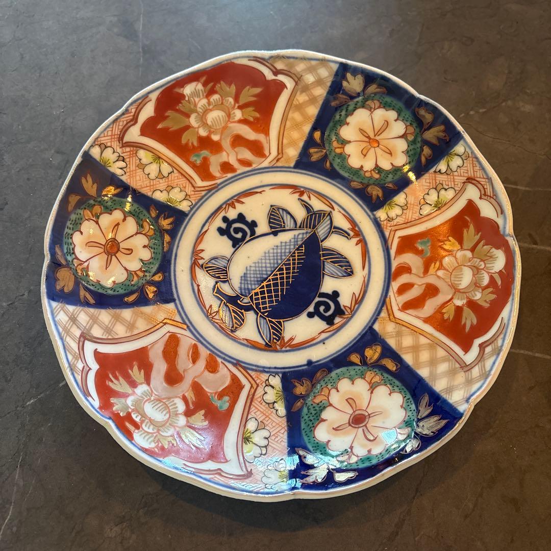 美品】古伊万里 色絵 桃手 飛蝗亀文 輪花皿 径約22cm 金彩 骨董 江戸