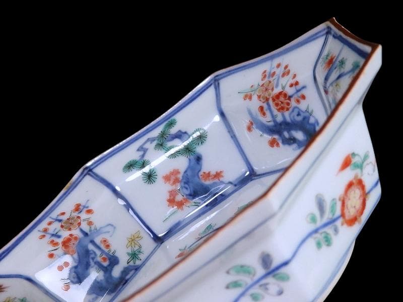 大聖寺伊万里 染錦 柿右衛門写 松竹梅の図 八角膾皿 N293AS-fbuj