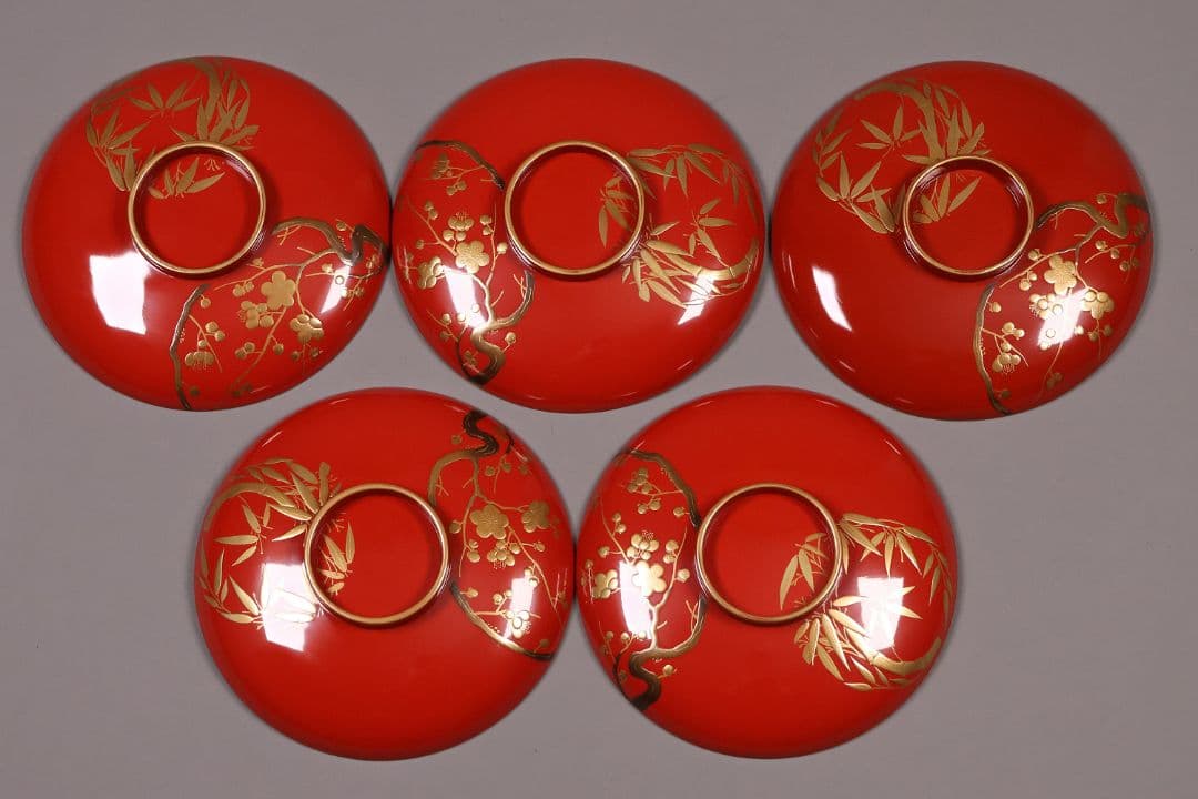 CM248】時代木製漆器 松竹梅 金蒔絵 朱塗 引盃 五客 木製漆器 小皿