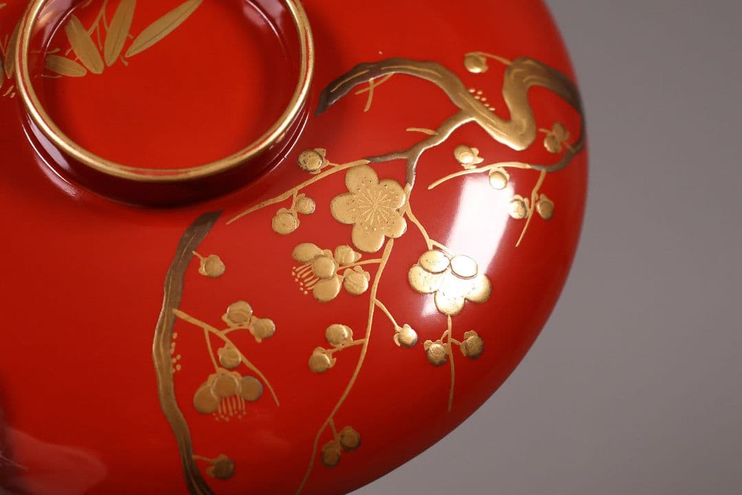 CM248】時代木製漆器 松竹梅 金蒔絵 朱塗 引盃 五客 木製漆器 小皿