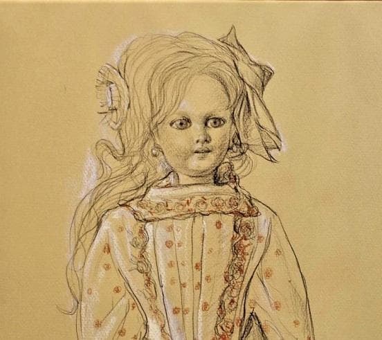 日本洋画壇の重鎮　芝田米三　フランス人形の絵　鉛筆とパステルによるデッサン画