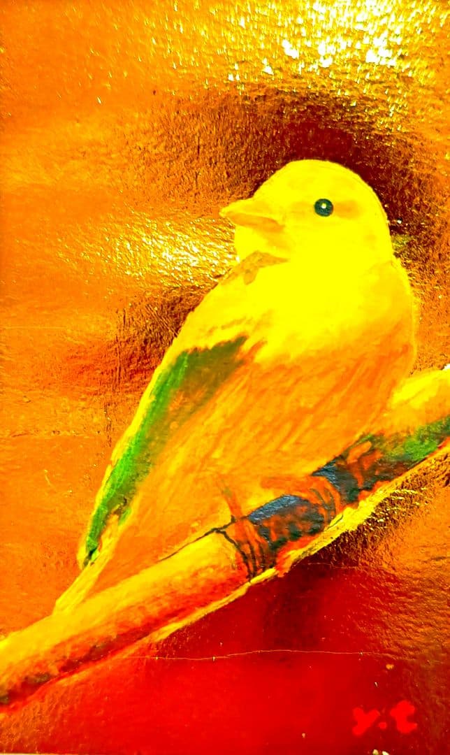 超美品！値下げ交渉あり。金箔を押した黄色い小鳥　アクリル画　絵画