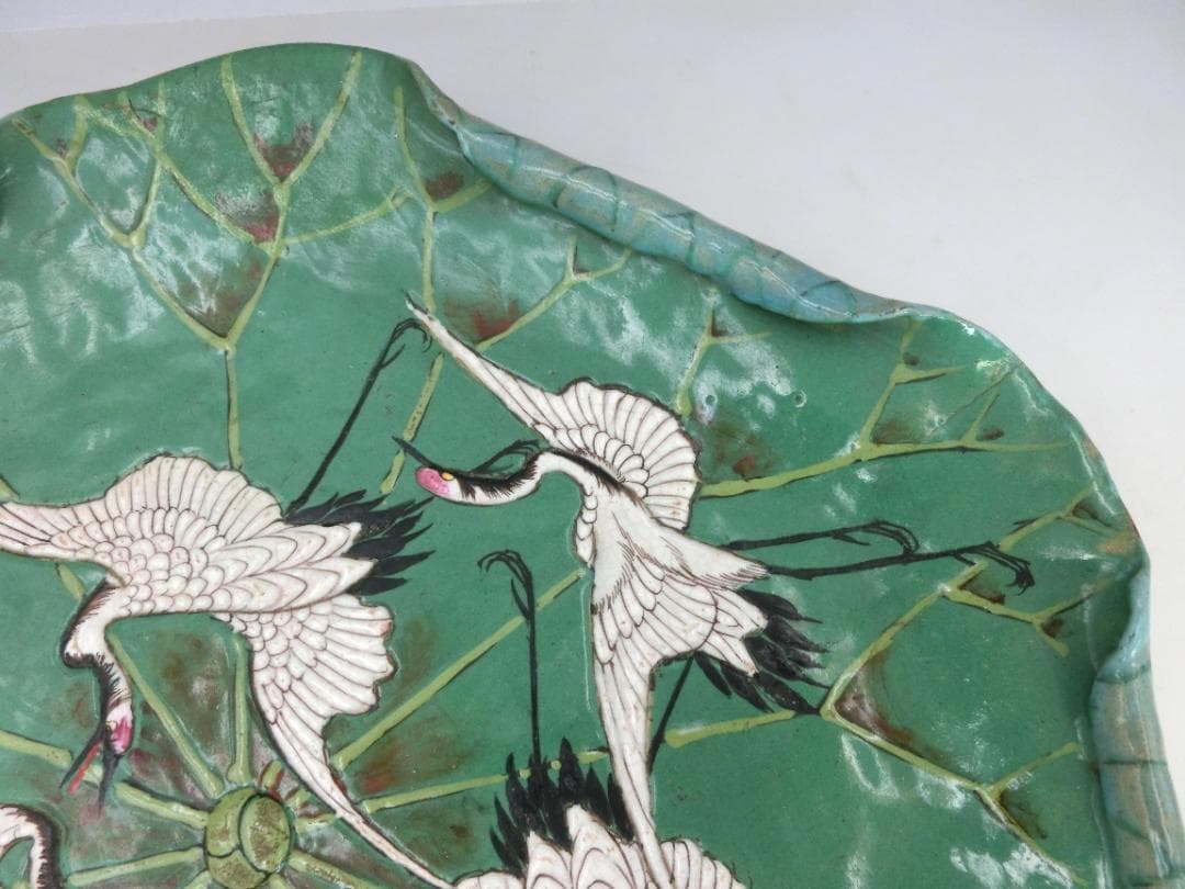 時代物 萬古焼 古萬古 鶴文 蓮型 蓮葉 皿 大皿 良品 骨董 古玩 傷