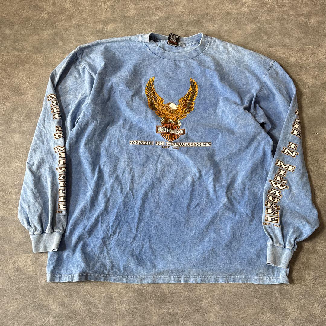90sハーレーダビッドソンUSA製 ロンT XL ブルー イーグル 両面プリント