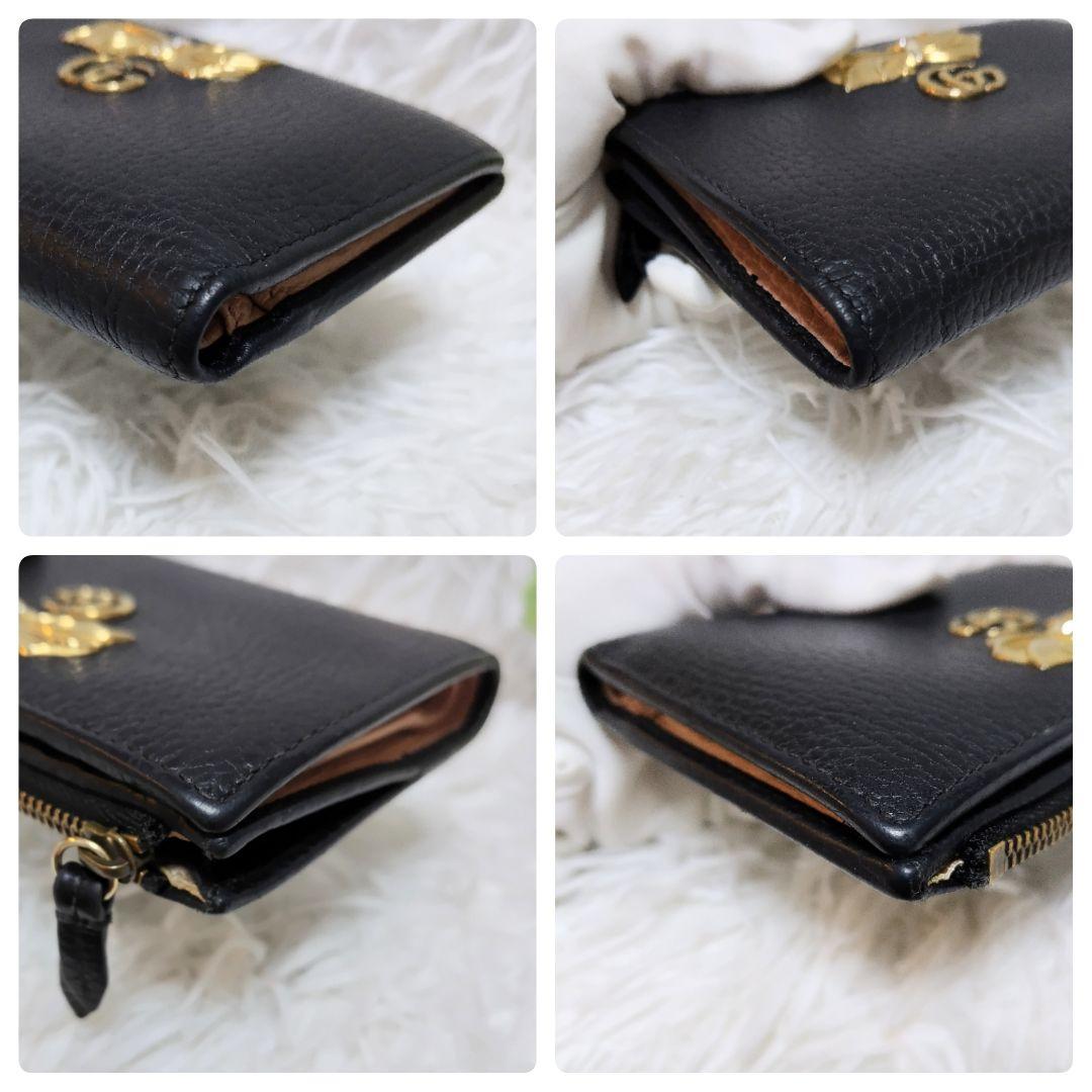 美品✨グッチ◇裏地花柄二つ折り財布　マーモントりぼん　バイカラー黒ピンクベージュ