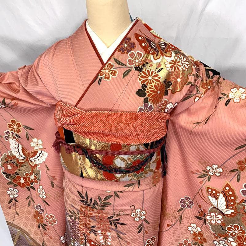 409aj78〇振袖＆袋帯 金彩 雪輪文 蝶々 成人式 結婚式 十三参り