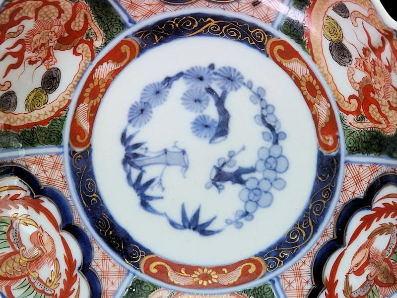 大聖寺伊万里 金襴手 団龍紋に鳳凰の図 膾皿 N514AS-CVq