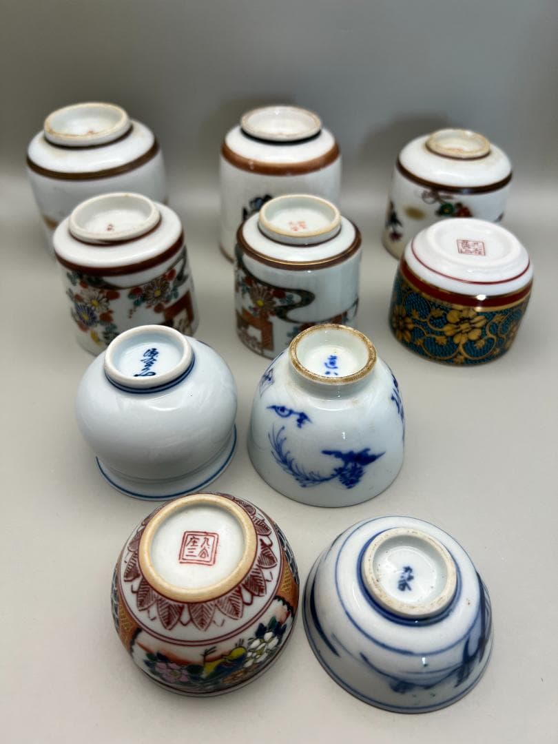 海】九谷焼 各種茶杯 酒杯 10客 高級金彩色絵 古染付 金襴手