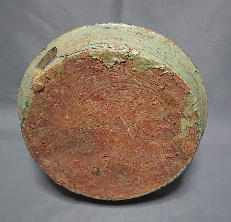 東漢時代 出土品 緑釉銀化陶製猪舎 彩文土器 径27.4㎝