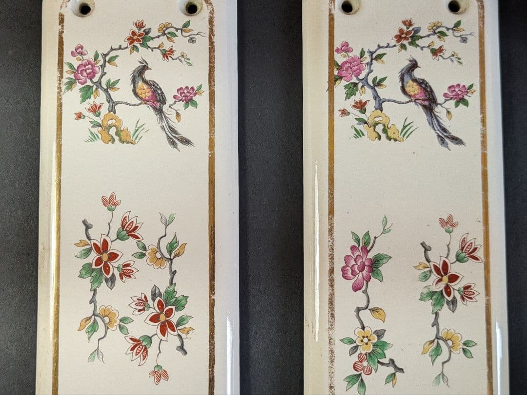 イギリス アンティーク 陶器製 ドアプレート ドア飾り 2枚セット 孔雀