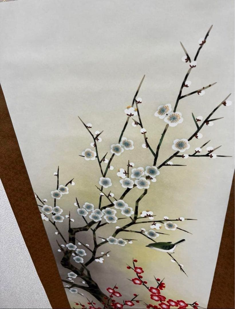 紅白梅に鶯 平松耕一 肉筆 掛軸