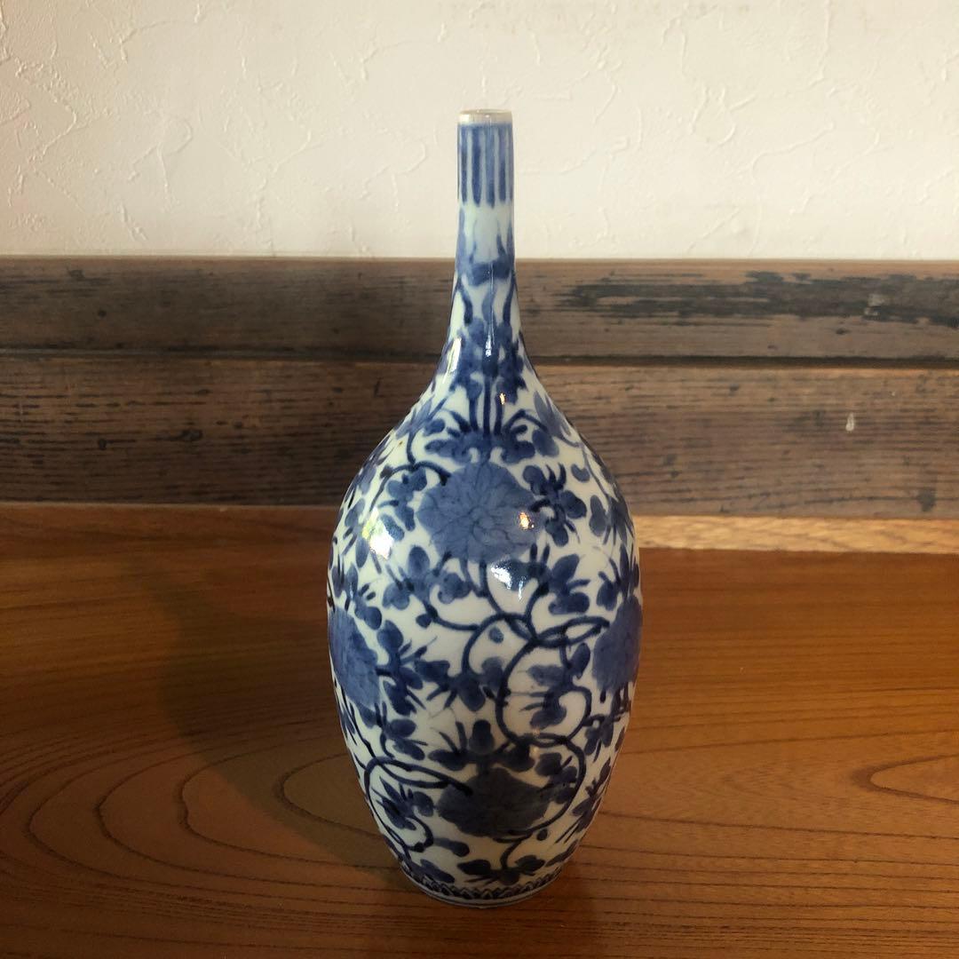 上手の古伊万里花染付唐草文鶴首徳利