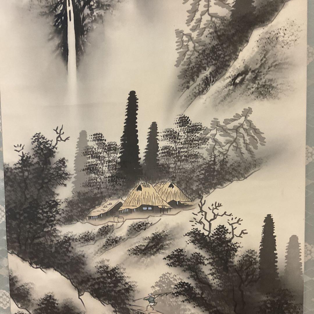 水墨山水画 絹本掛け軸 一堂筆【落款印譜在】 軸先木軸