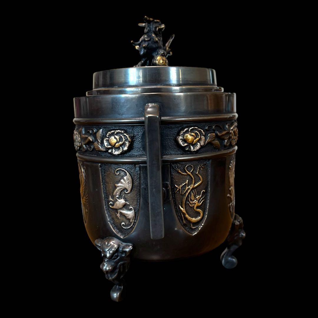 《希少未使用》高岡銅器 能作 吉秀作 銅製 獅子摘龍鳳凰図金銀象嵌三つ足香炉 鸛