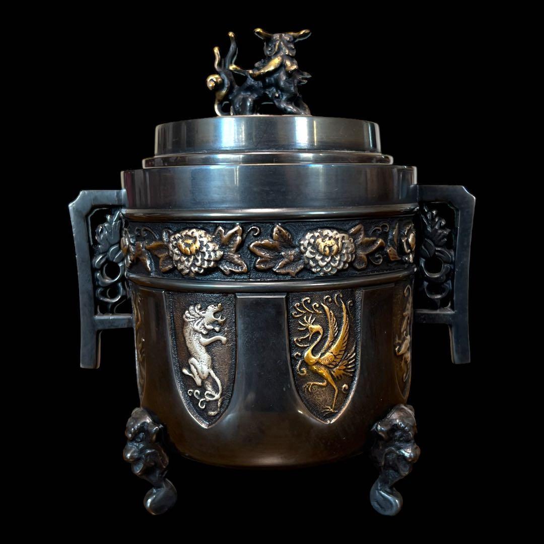 《希少未使用》高岡銅器 能作 吉秀作 銅製 獅子摘龍鳳凰図金銀象嵌三つ足香炉 鸛