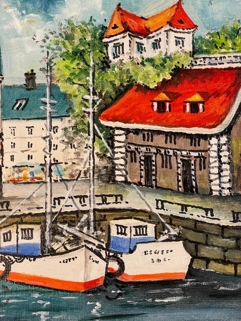 「真作」夏目公平「オンフルール港町」風景画　油彩画　額装　サイン有り　F4号