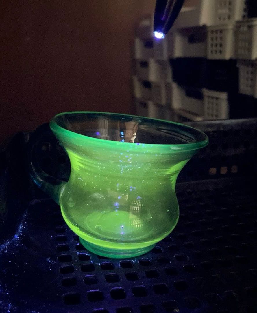 骨董 時代ガラス 希少青緑色フチ 取手付き アイスクリームグラス 氷コップ