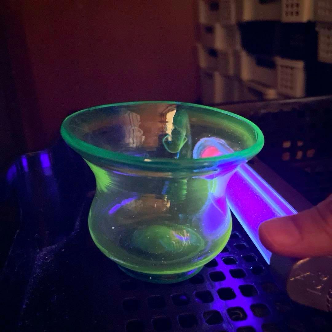 骨董 時代ガラス 希少青緑色フチ 取手付き アイスクリームグラス 氷コップ