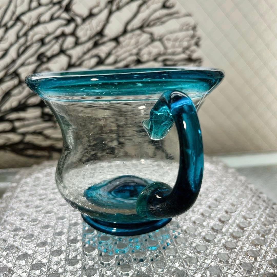 骨董 時代ガラス 希少青緑色フチ 取手付き アイスクリームグラス 氷コップ