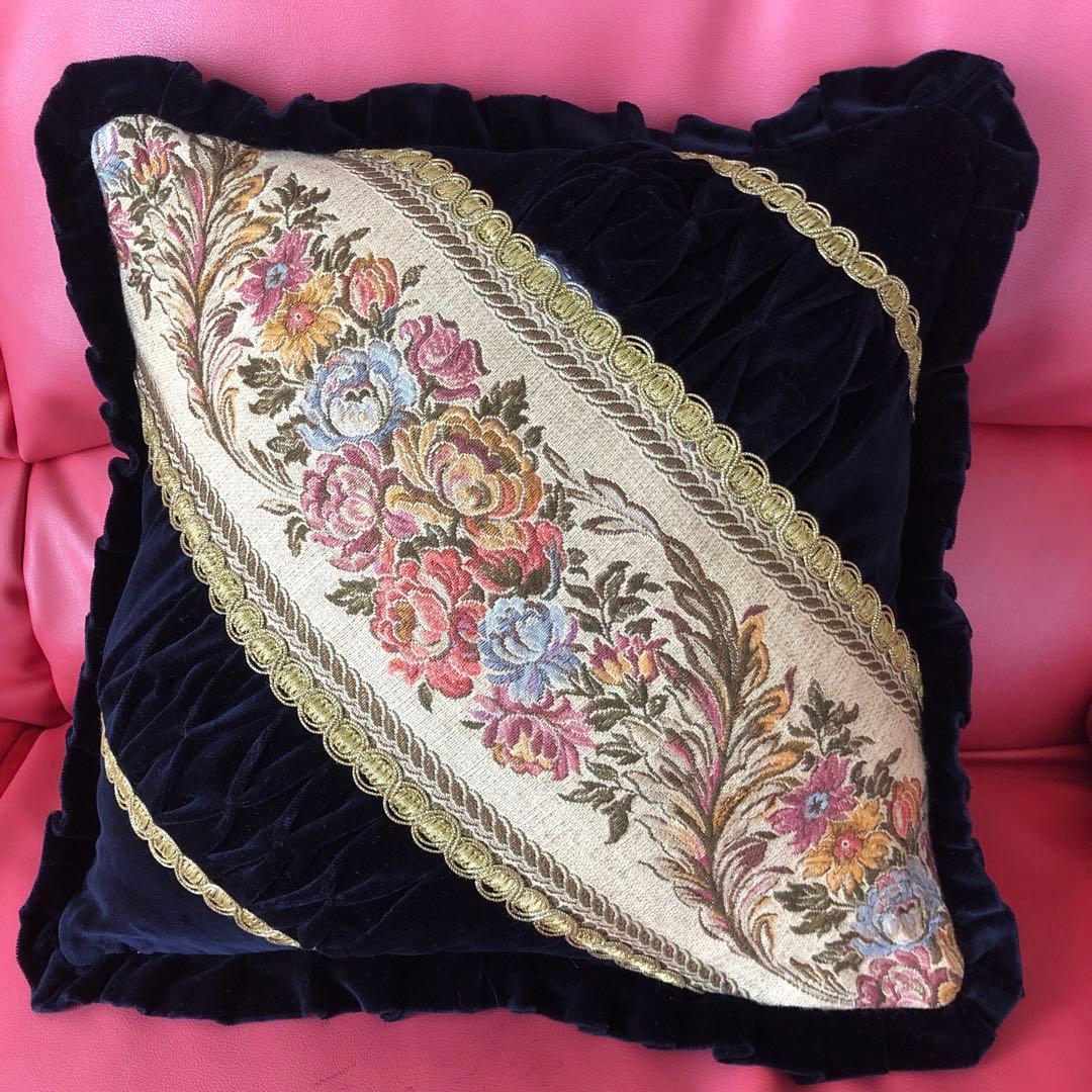 ゴブラン織り クッションカバー2個セット　アンティーク　ヨーロッパ　ブラック