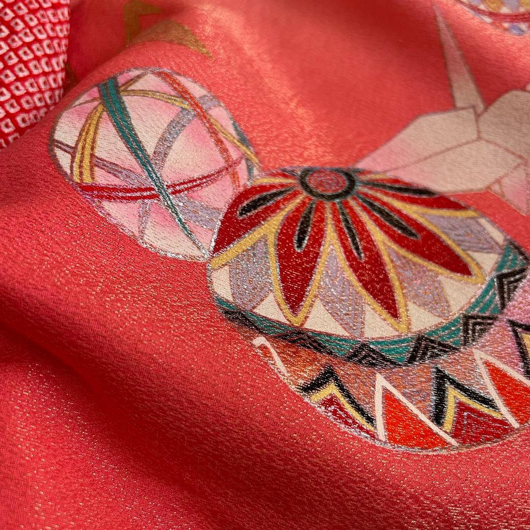 七五三 3歳 着物 753 正絹 被布 総絞り 三歳 赤 草履 金糸 花柄 毱