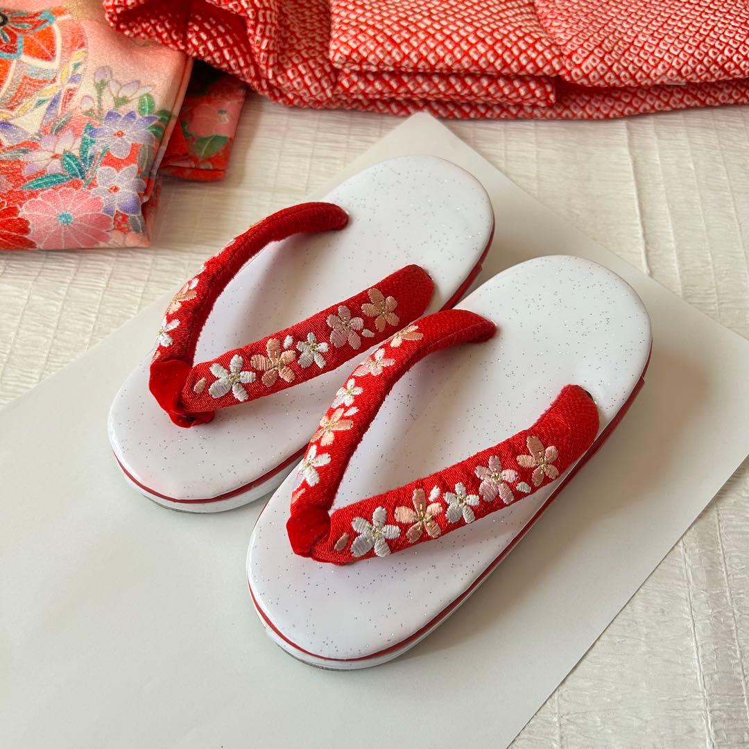 七五三 3歳 着物 753 正絹 被布 総絞り 三歳 赤 草履 金糸 花柄 毱