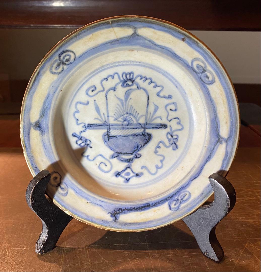 福建省徳化窯 染付絵皿 鑑賞台付 沈船品 ヴィンテージ レア ・