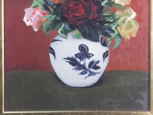 山本彪一　直筆サイン　日動画廊シール『ばら』油彩 1964年 0801G