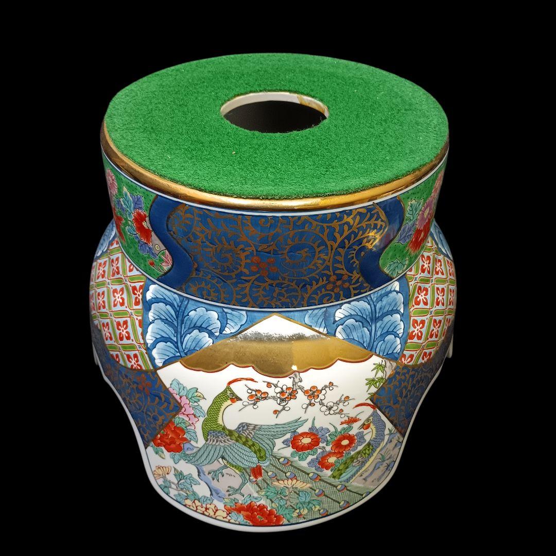 有田焼 勝右衛門 飾壺 染錦 金彩色絵鳥紋 青赤装飾