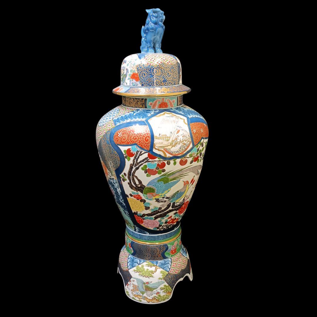 有田焼 勝右衛門 飾壺 染錦 金彩色絵鳥紋 青赤装飾