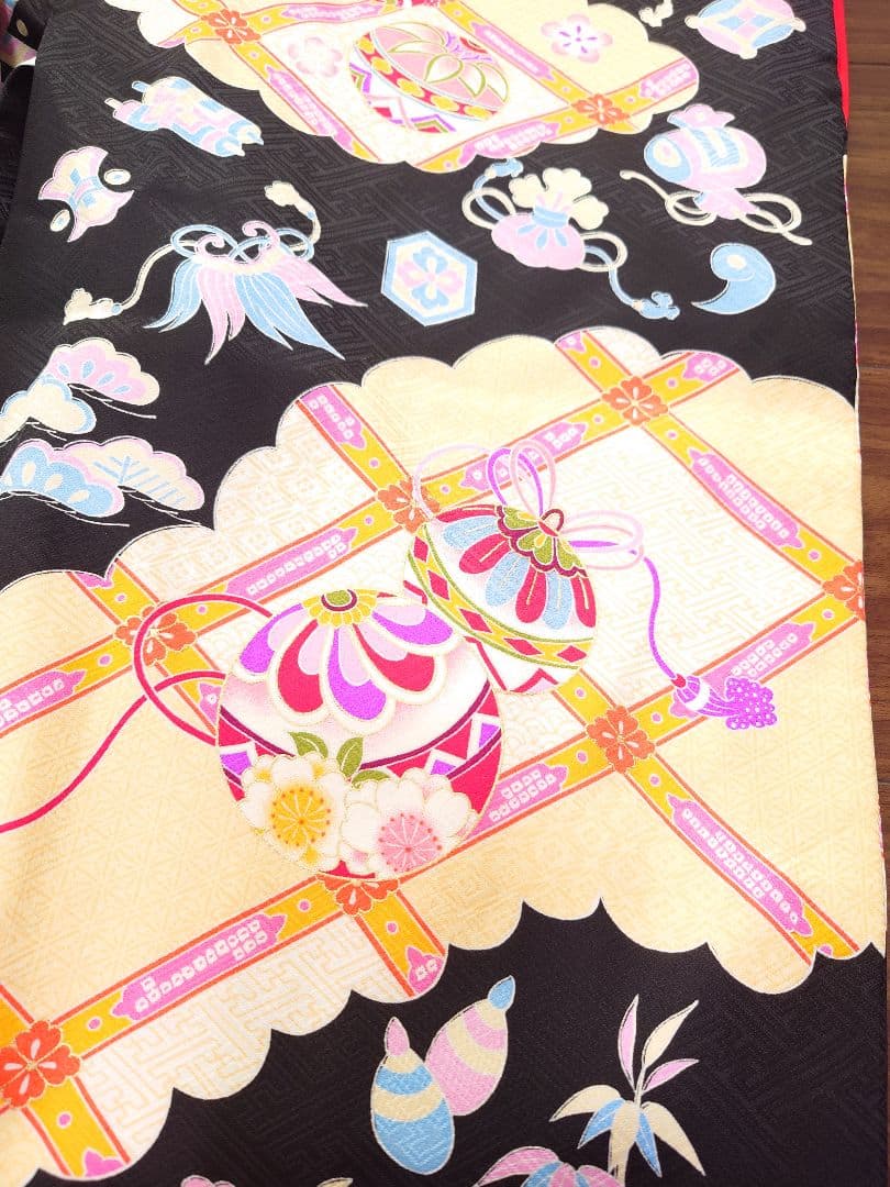 正絹　七五三　着物　長襦袢セット　黒　手毬　宝尽し